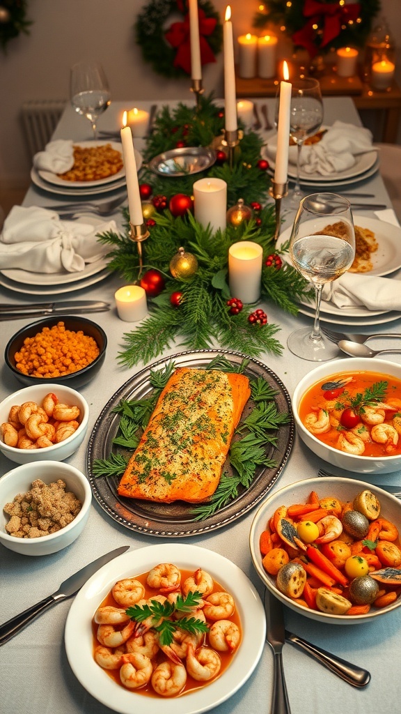 A festive Christmas dinner table with herb-crusted salmon, shrimp scampi, and seafood paella.